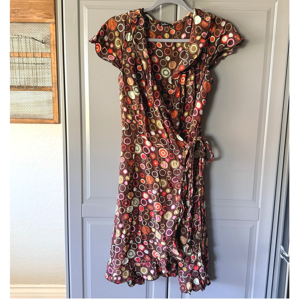Loco Lindo Vintage  Womens Circle Print Ruffle Hem Wrap Dress,Brown Pink ,M